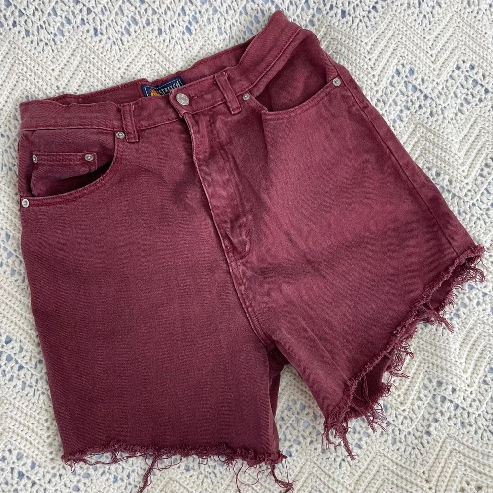 Vintage Shorts High Waisted Cut Off Mom Jean Burgundy Fraying Distressed 90s Red - Picture 1 of 6